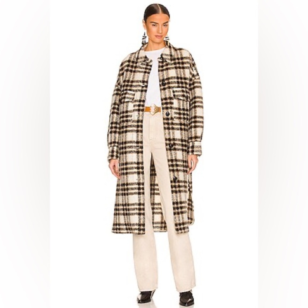 Isabel Marant Etoile Fontizi Wool Blend Check Coat Jacket Ecru Brown